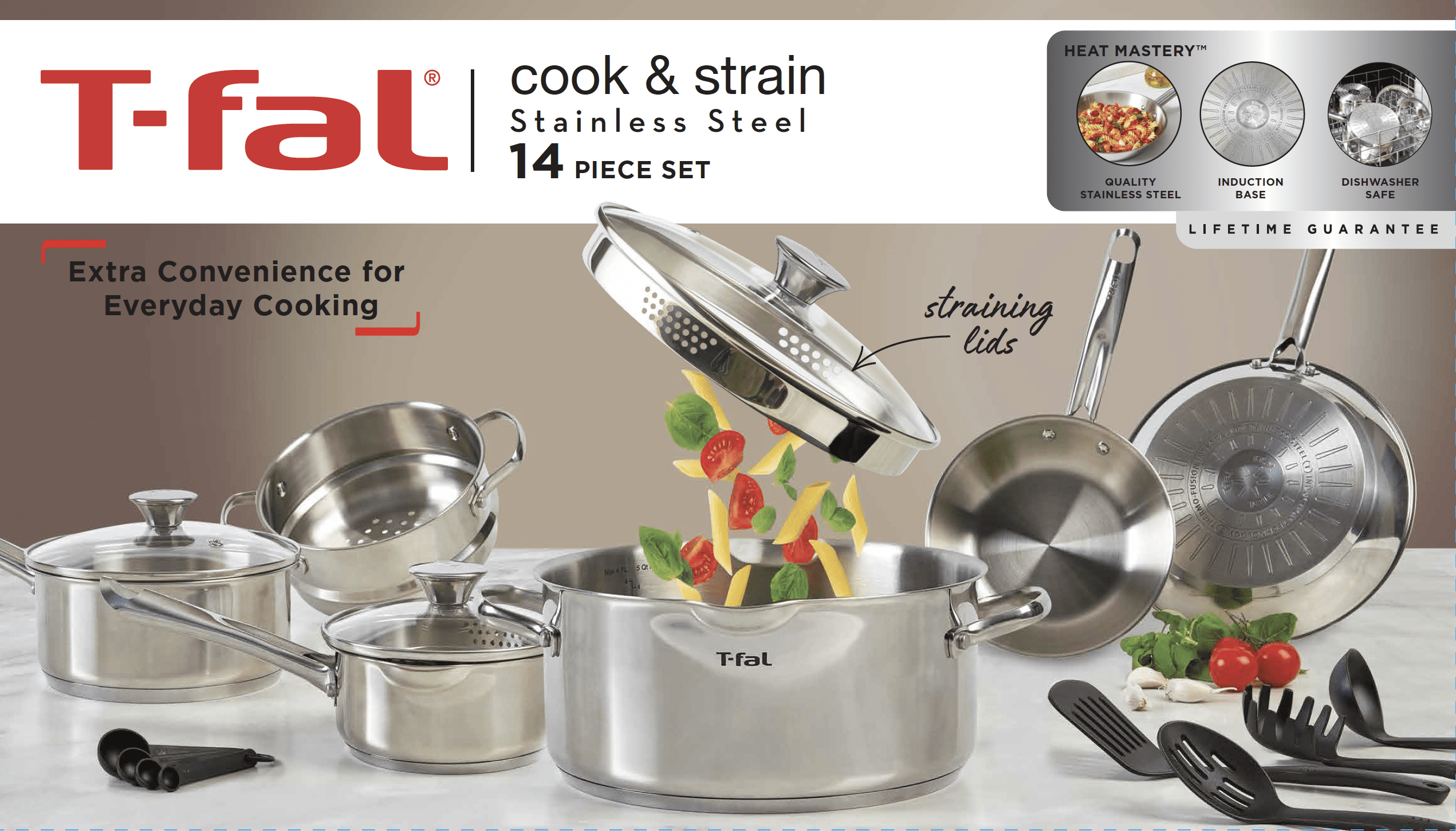 T-FAL COOK & STRAIN STAINLESS STEEL 14 PC SET