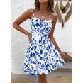 thumbnail image 4 of Blue And White Vintage Floral Print Tie Strap Mini Dress, Smocked Waist A-Line Sundress With Ruffle Hem, 4 of 6
