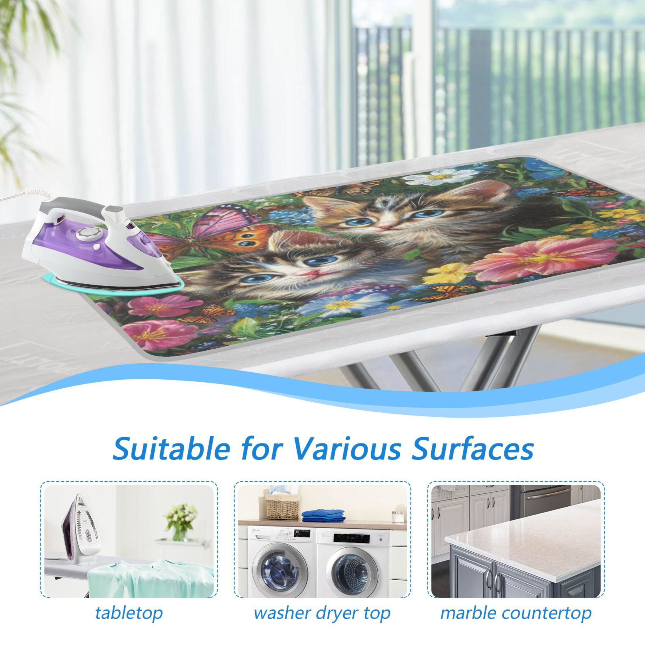 Wobogo Kitten Flower Picture Ironing Mat Blanket Quilted Washer Dryer Heat Resistant Pad Foldable for Easy Storage