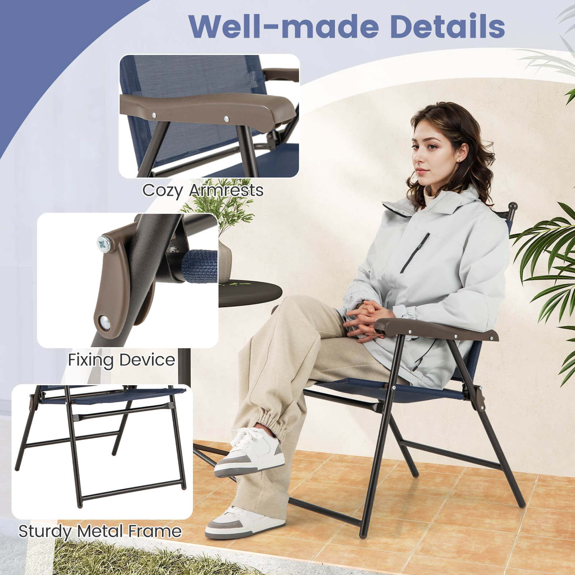 Costway Patio Folding Chairs Set of 2 with Armrests Outdoor Portable Camping Chairs Navy