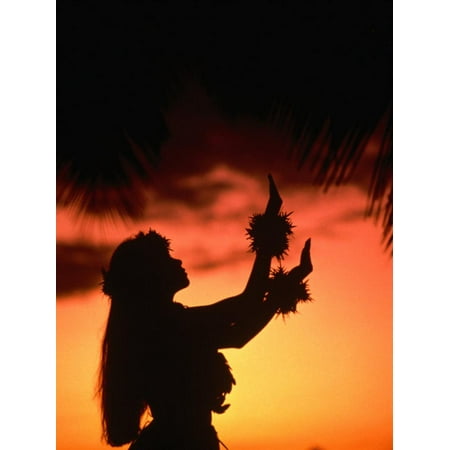 Hula Dancers - Silhouette of Hula Dancer on Waikiki Beach at Sunset, Waikiki, U.S.A. Print Wall Art By Ann Cecil