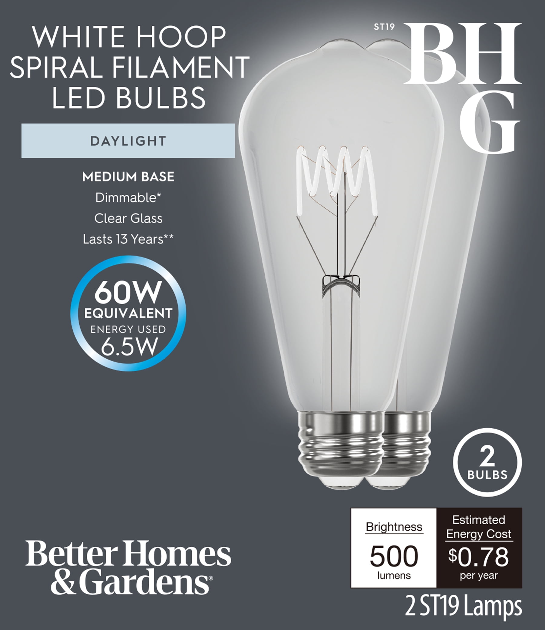 (2 pack) Better Homes & Gardens 6.5W (60W Equivalent) Daylight Dimmable ST19 White Filament Light Bulb E26 Base 2 Pack