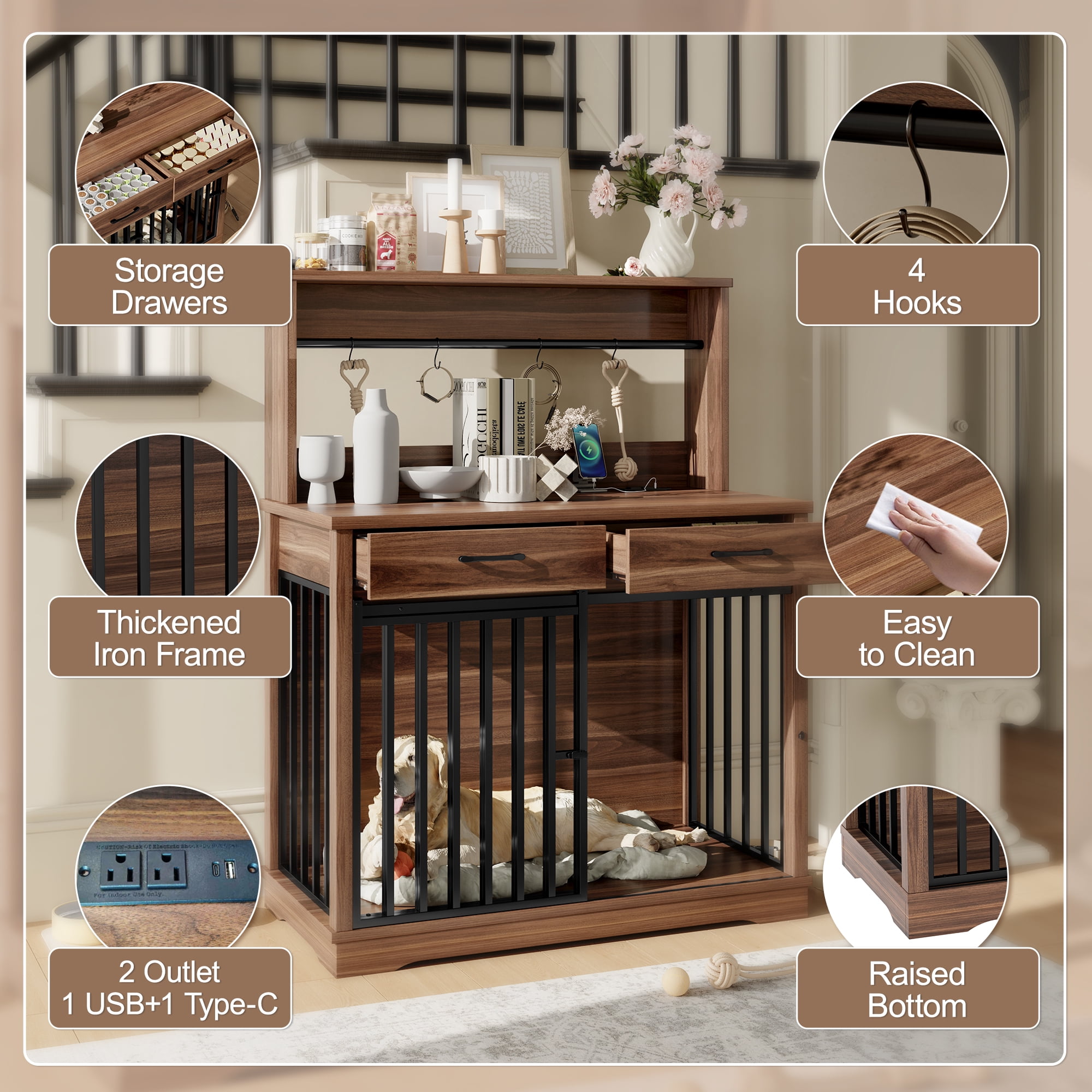 Aukfa Heavy Duty Dog Crate Furniture,38" Chew-Resistant Dog Kennel End Table for Medium Dogs, Brown
