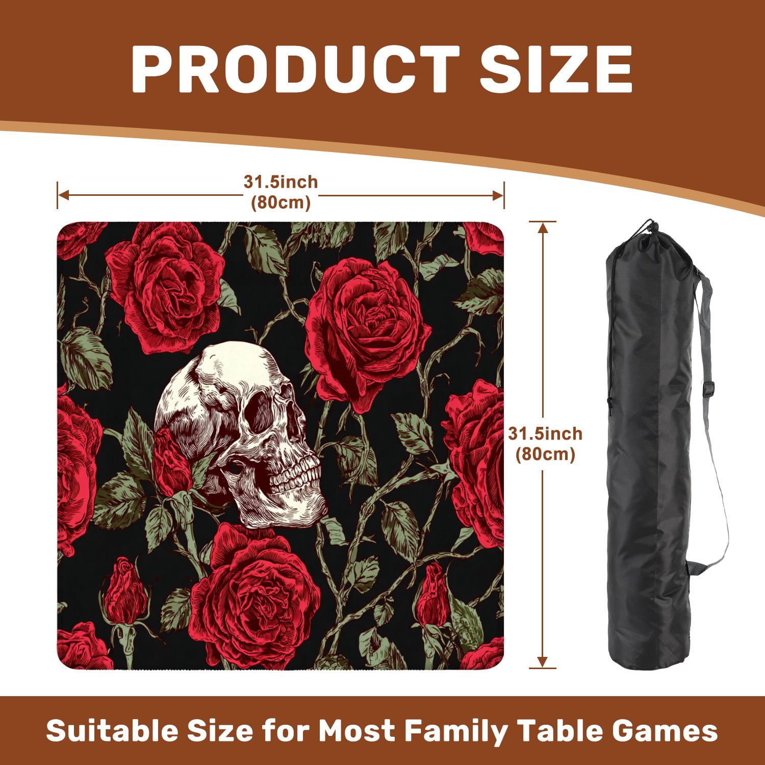 Mahjong Mat 31.5" x 31.5" Seamless skull red roses stems leaves Non-Slip Noise Reduction American Mahjong Tiles Table Cover for Dominoes Poker Card Board Games Gift