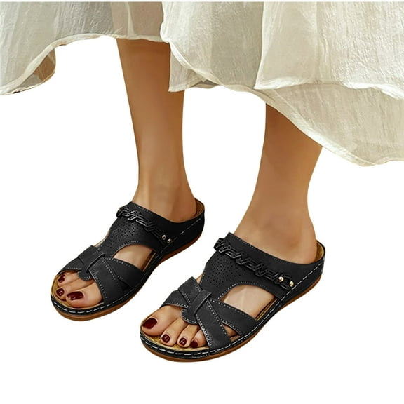 abtuhar Casual Sandals for Women,Summer Sandals,Casual Sandals Women Dressy Summer Beach Round Head Flip Flops Comfy Thick-soled Sandals Black