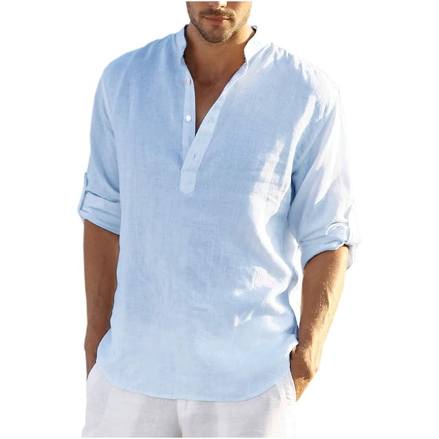 Cárdigan para hombre, camisa de algodón y lino con cuello en V, camisa informal holgada con cuello levantado para jóvenes Odeerbi ODB-3