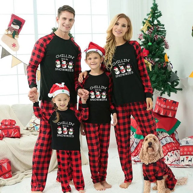 Pyjama familial assorti de Noël - Design exclusif avec mes 3 Snowmies - Ensemble Pyjama noir
