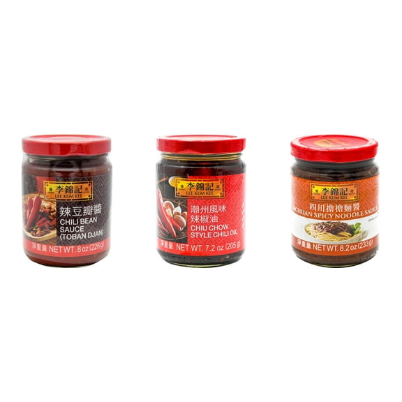 3 Pack Lee Kum Kee Cooking Sauce, 3 Flavors(Chili Bean Sauce,Chiu Chow Chili Oil,Sichuan Spicy Noodle Sauce) Plus NineChef Brand Long Handle Coffee Spoon