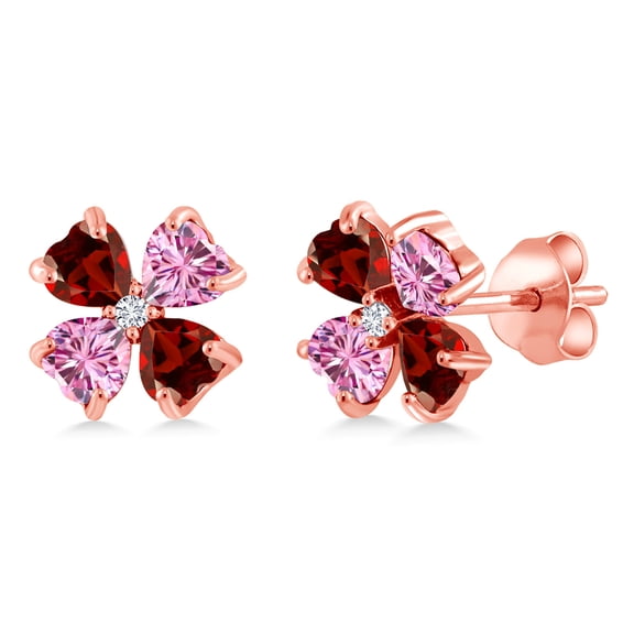 Gem Stone King 18K Rose Gold Plated Silver Red Garnet Pink Moissanite and White Lab Grown Diamond Earrings for Women | 2.35 Cttw | Gemstone January Birthstone | Heart Shape 4MM