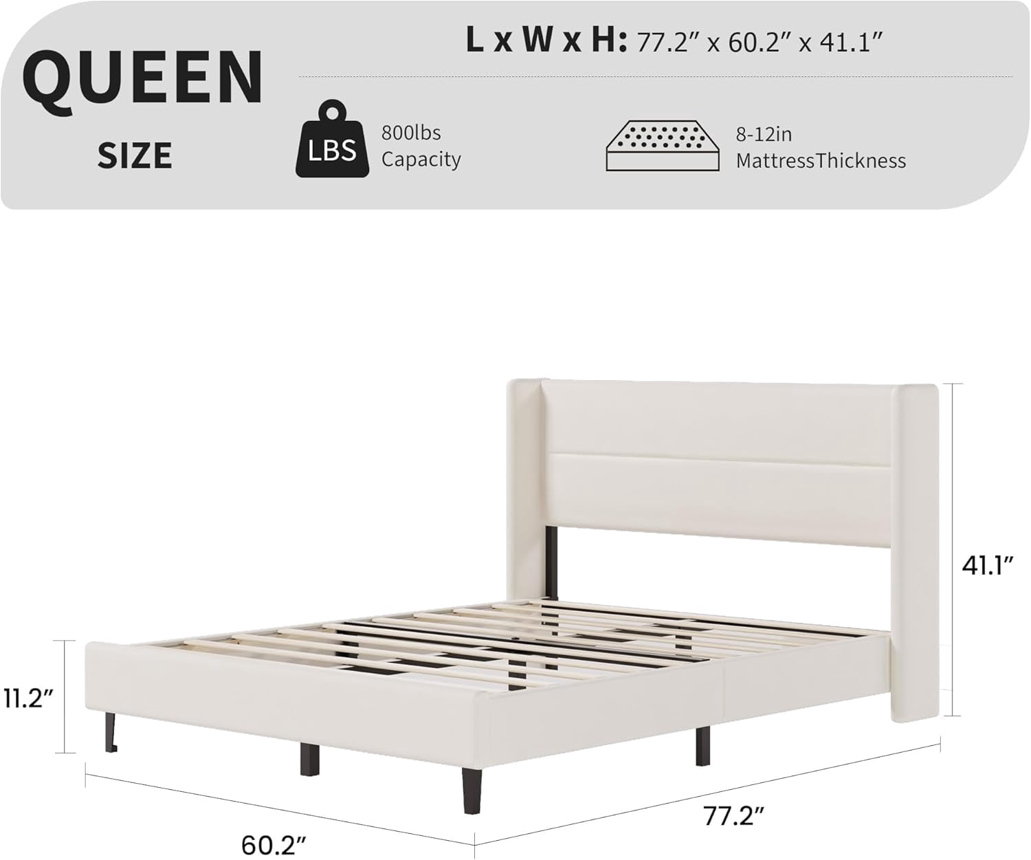 IDEALHOUSE Queen Size Bed Frame with Wingback Headboard, Velvet Upholstered Platform Bedframe with Wood Slats, No Box Spring Needed, Easy Assembly, Beige