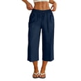 thumbnail image 2 of Asgosdo Women Cotton Pants Elastic Waisted Drawstring Solid Color Capris Casual Beach Trousers with Pockets, 2 of 5