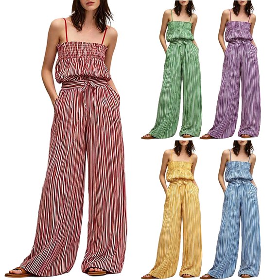 Womens Two Piece Outfit Spaghetti Strap Tube Top High Waist Belted Wide Leg Pants with Pockets Solid Color Vacation Set Wine XL(XL)