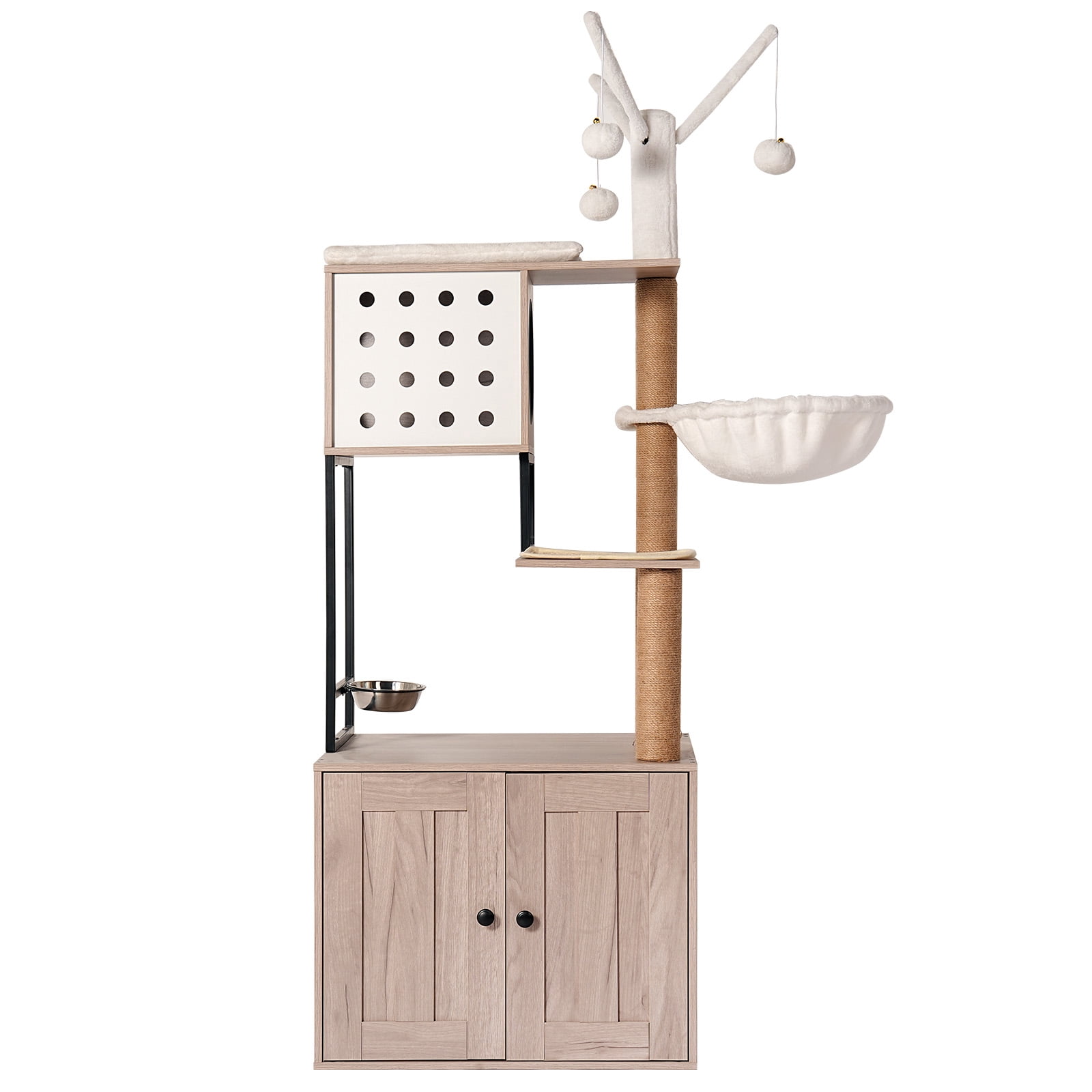 Cat Tree with Litter Box Enclosure, Modern 3-Tier Cat Tower Condo with Scratching Posts, Feeding Bowl and Removable Toys, Space-Saving Cat Furniture for Indoor Cats, Gray White