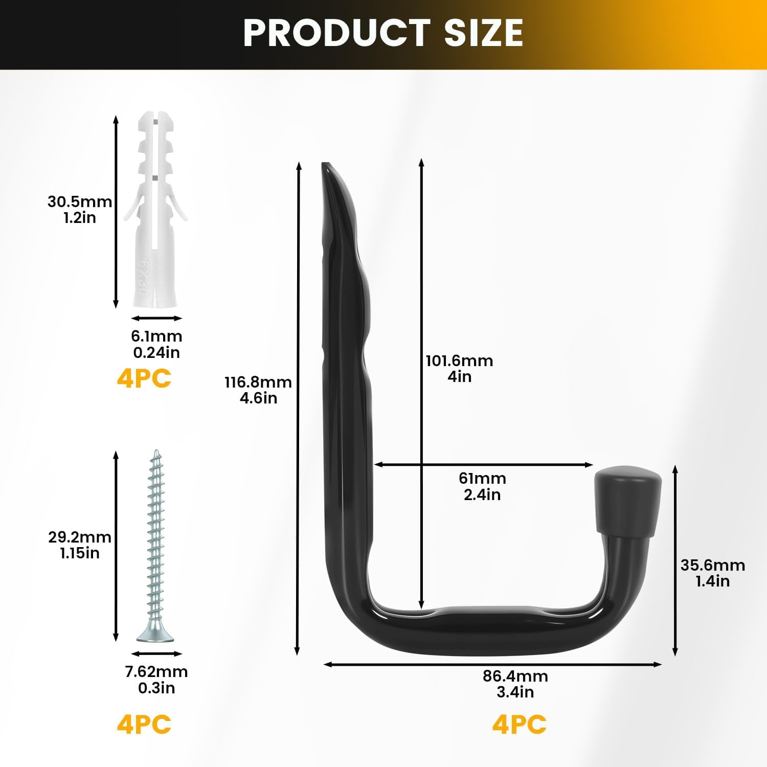RGHJAR-8-Pack Heavy Duty Garage Hooks for Hanging 50 lbs, 8” & 3.5” J Utility Hooks for Garage, Large Metal,Heavy Duty, Black