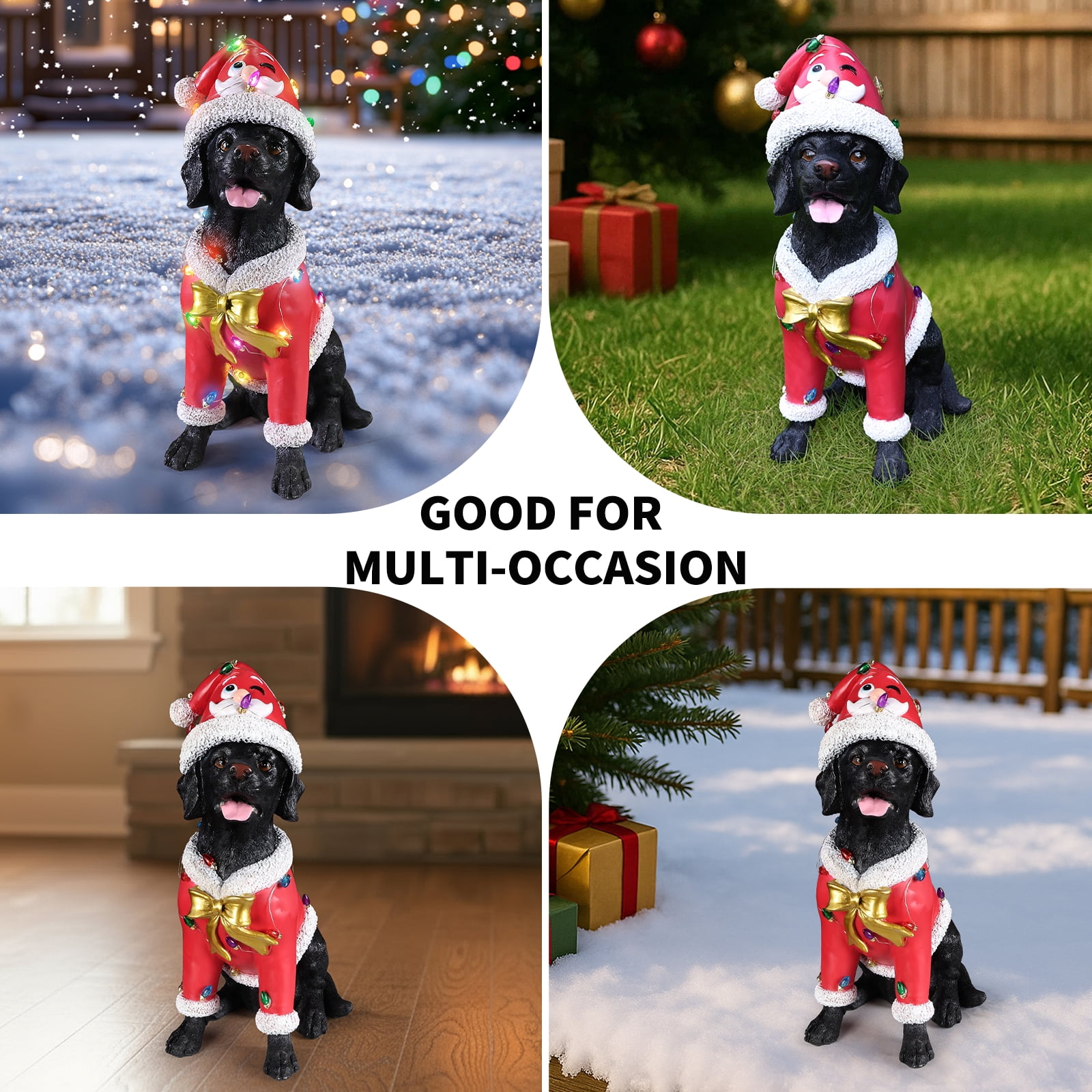 Black Labrador Red Santa Outfit Christmas Dog Statue with Santa Hat Holiday Tabletop Decor