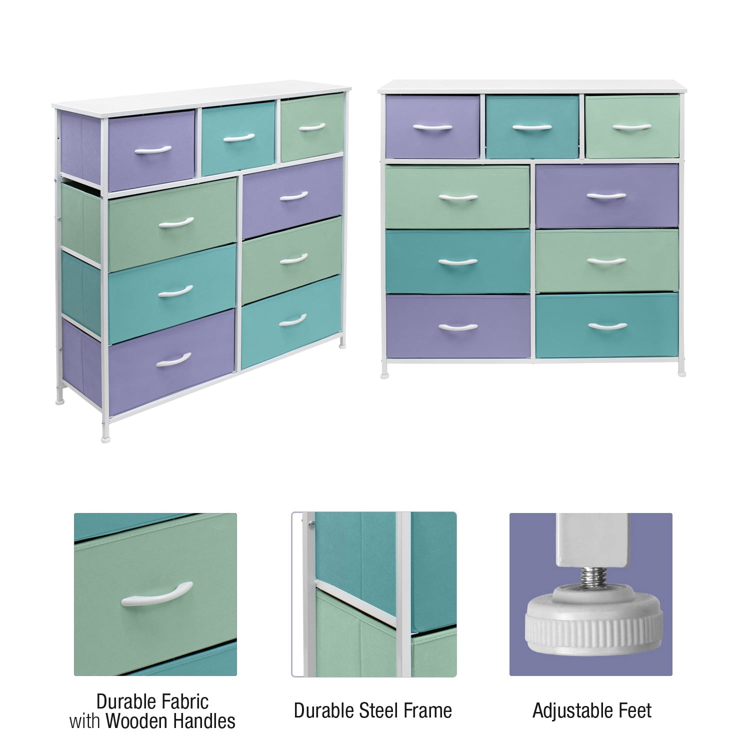 Sorbus Kids Bedroom Dresser - Chest of 9 Drawers with Steel Frame, Wood Top, and Pastel Fabric Bins