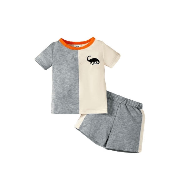 Mikrdoo 6 Months Baby Boys Outfits 9 Months Boys Color Block Dinosaur Print Casual Tops Elastic Side Splicing Shorts 2Pcs Summer Clothes Sets Apricot