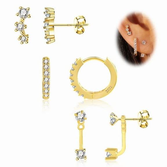 Alexcraft 3 Pairs Stud Earrings for Women,14K Gold/Silver Plated Sterling Silver Post Stud Earrings Set, Hypoallergenic Cubic Zirconia Small Hoop Earrings for Multiple