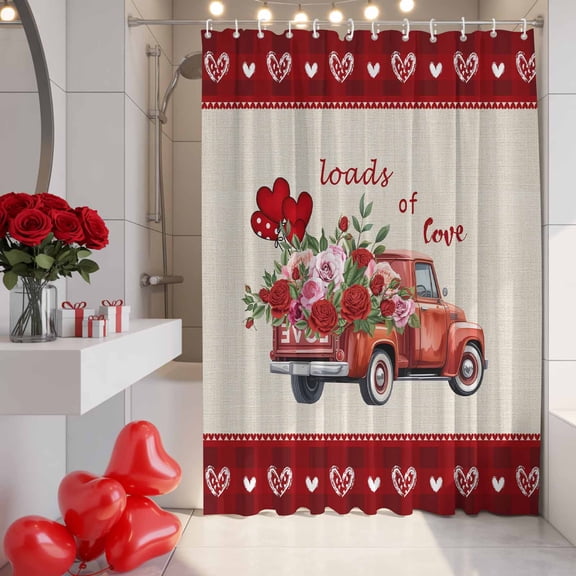 Happy Valentine's Day Shower Curtain, 48" x 72", Red Pink Rose Truck Red Plaid Waterproof Bathroom Curtain Washable Shower Curtain Set with 12 Hooks