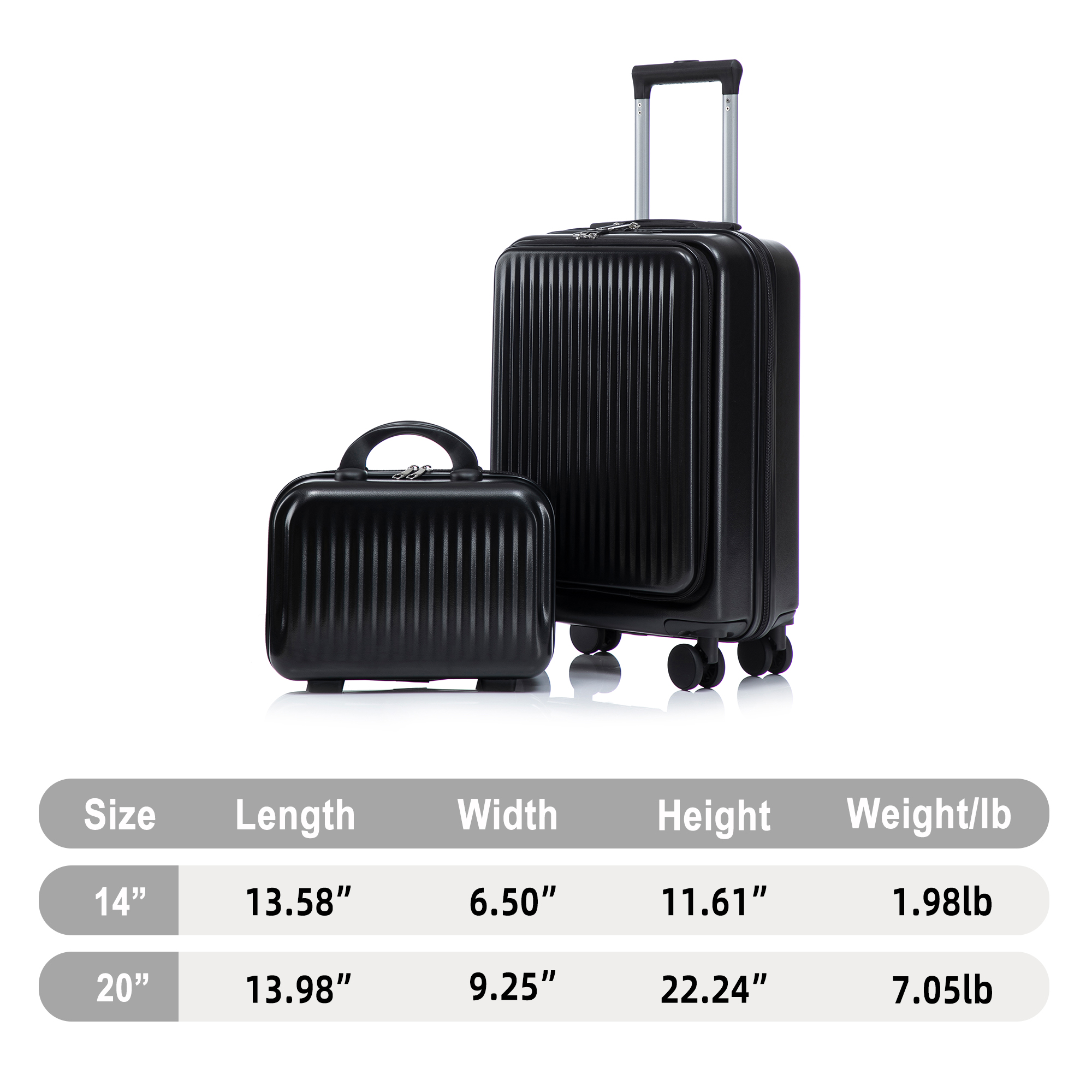 2 PCS ABS Luggage Set, 20" Suitcase + 14" Cosmetic Case, Front Opening Design, 360° Silent Spinner Wheels, Combination Lock, Waterproof Travel Luggage with Telescopic Handle