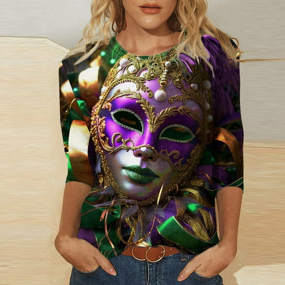 AGWOLF Women's Mardi Gras Shirt Fat Tuesday Party Plus Size Costume 3/4 Sleeve Crewneck Casual T-Shirts Festival Mask Graphic Carnival Blouse