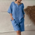 thumbnail image 4 of QATAINLAV Cotton Linen 2 Piece Outfits for Women Plus Size Loose Summer Lounge Set Casual Button Short Sleeve Tops and Bermuda Shorts Vacation Clothes Blue L, 4 of 10