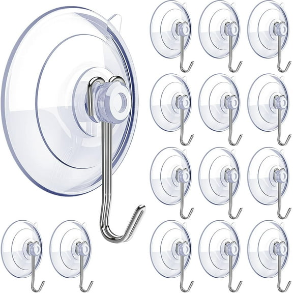 DSMY Suction Cup Hooks,15 PCS Clear Suction Cup for Glass Window Decor Shower Bathroom Glass Window Shower Kitchen, Reusable PVC Cups with Removable Stainless Hooks, Assorted