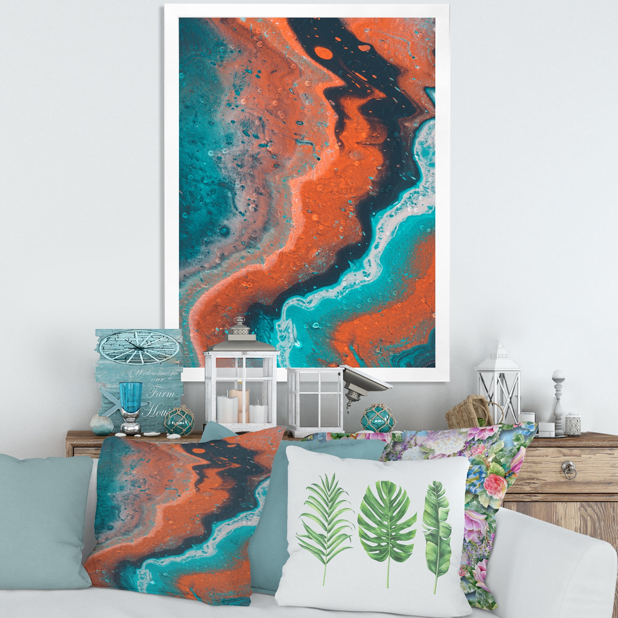 Designart 'Abstract Marble Composition In Orange and Blue I' Modern Framed Art Print