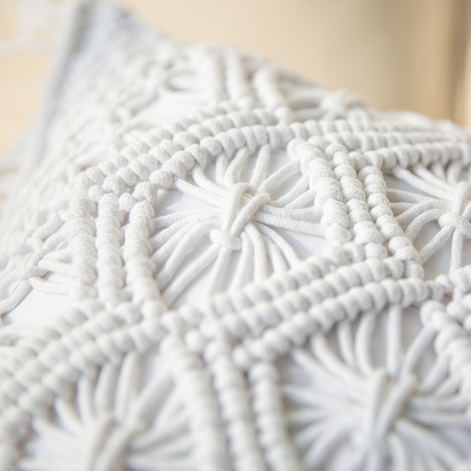 Phantoscope 100% Cotton Handmade Crochet Woven Checked Throw Pillows, 18 x 18 in Square Cushions with Tassels, Boho Style, Pure White, 2 Pack