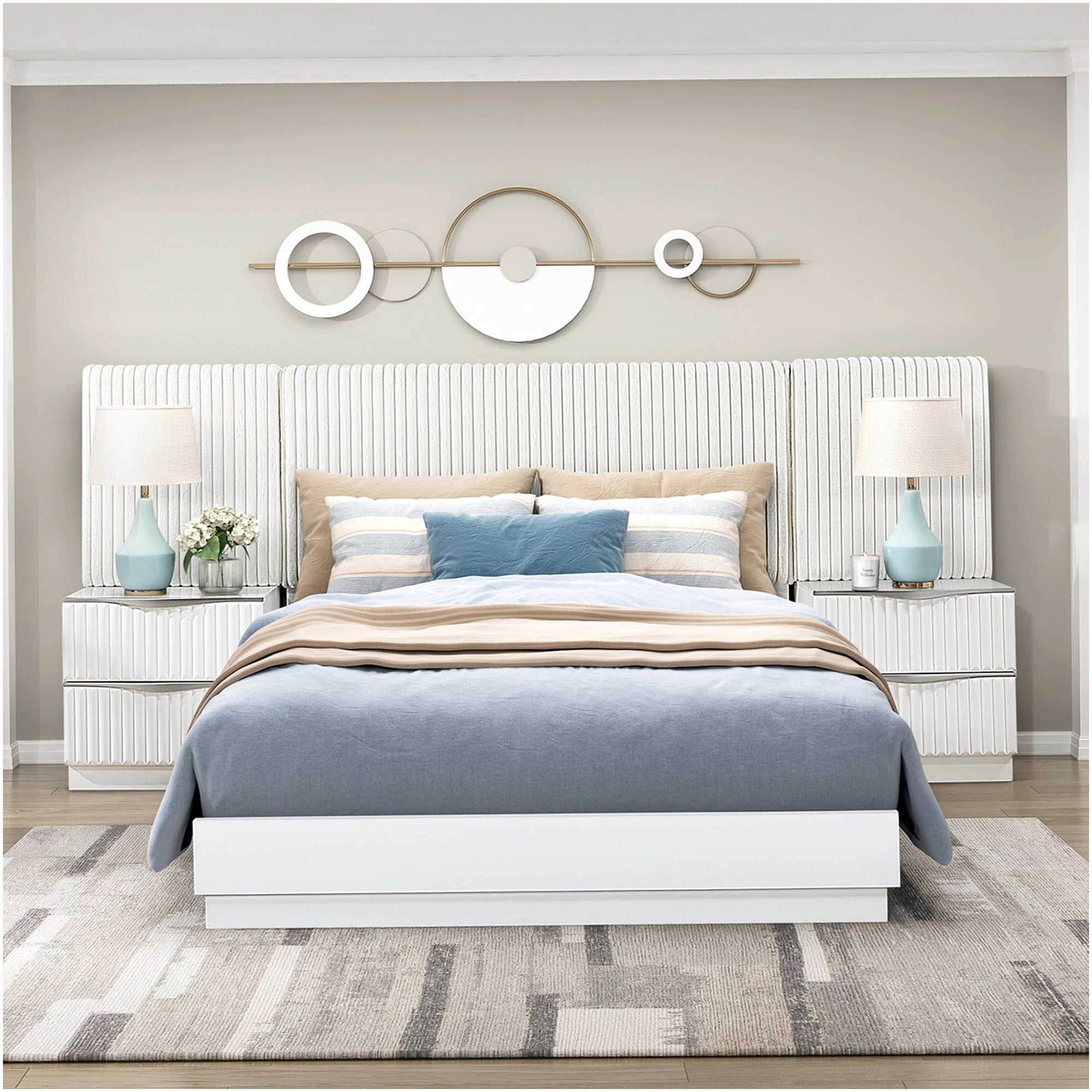 California King Bed Set with Upholstered Headboard and Nightstands, Pearl White Glam Modern Bedroom Furniture