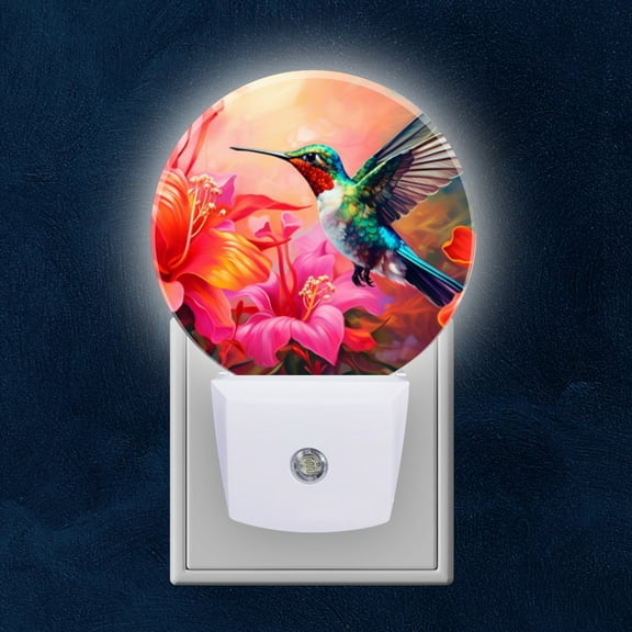 Night Light Plug into Wall,Dusk to Dawn Sensor Auto-On/Off for Bathroom, Hallway,Kids Room-Beautiful Hummingbird Hovers Among Colorful Flowers
