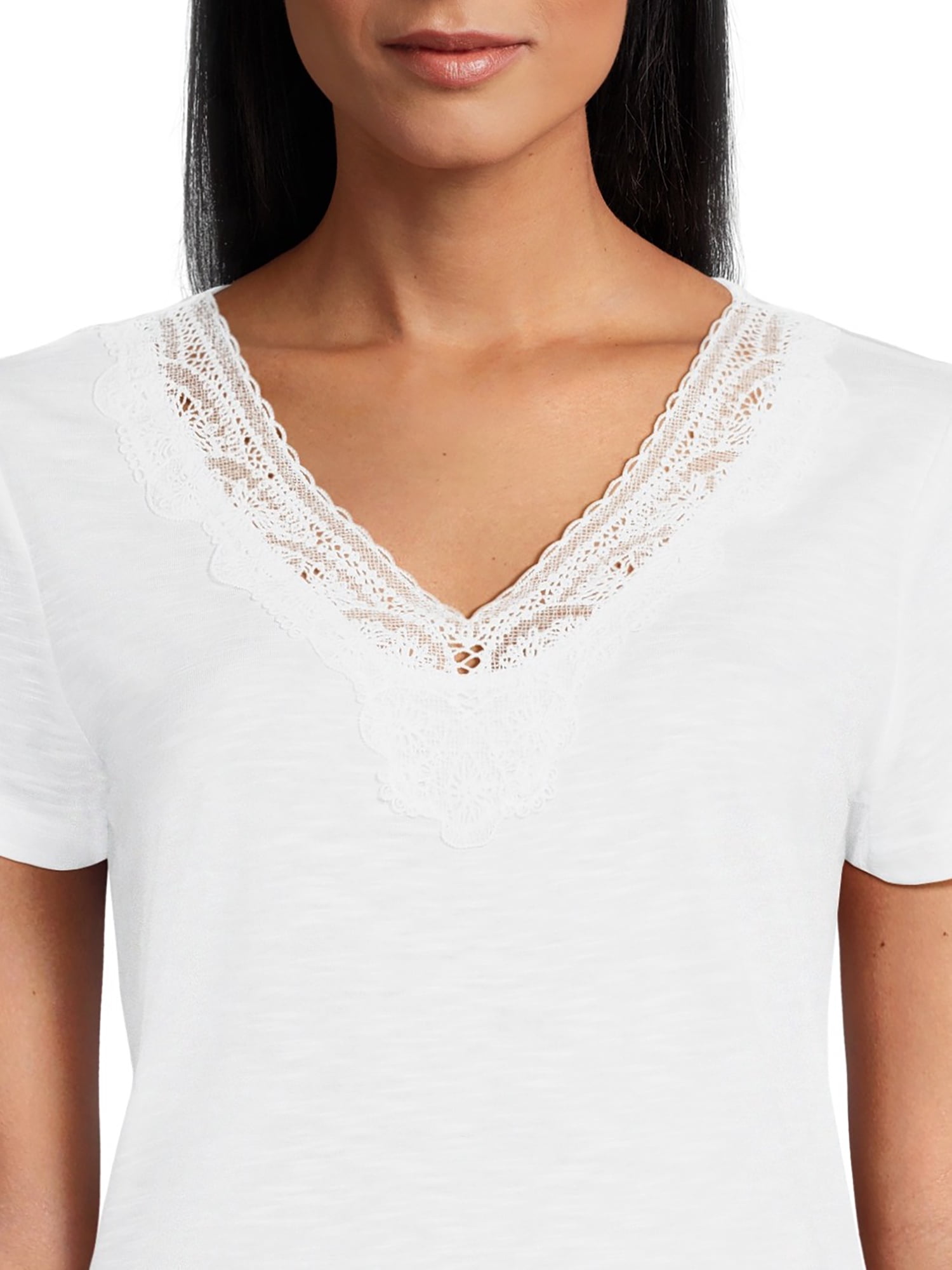 RealSize Women's Lace V-Neck Tee with Short Sleeves, Sizes XS-XXXL