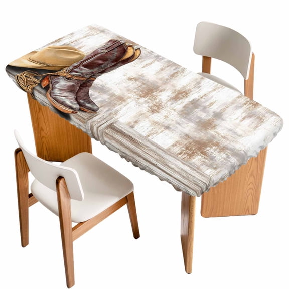 Western Cowboy Boots Table Cloths for 3 Foot Rectangle Tables, Vintage Country Brown Wooden Patio Waterproof Elastic Fitted Tablecloths, Washable Rectangular Table Cover for Camping