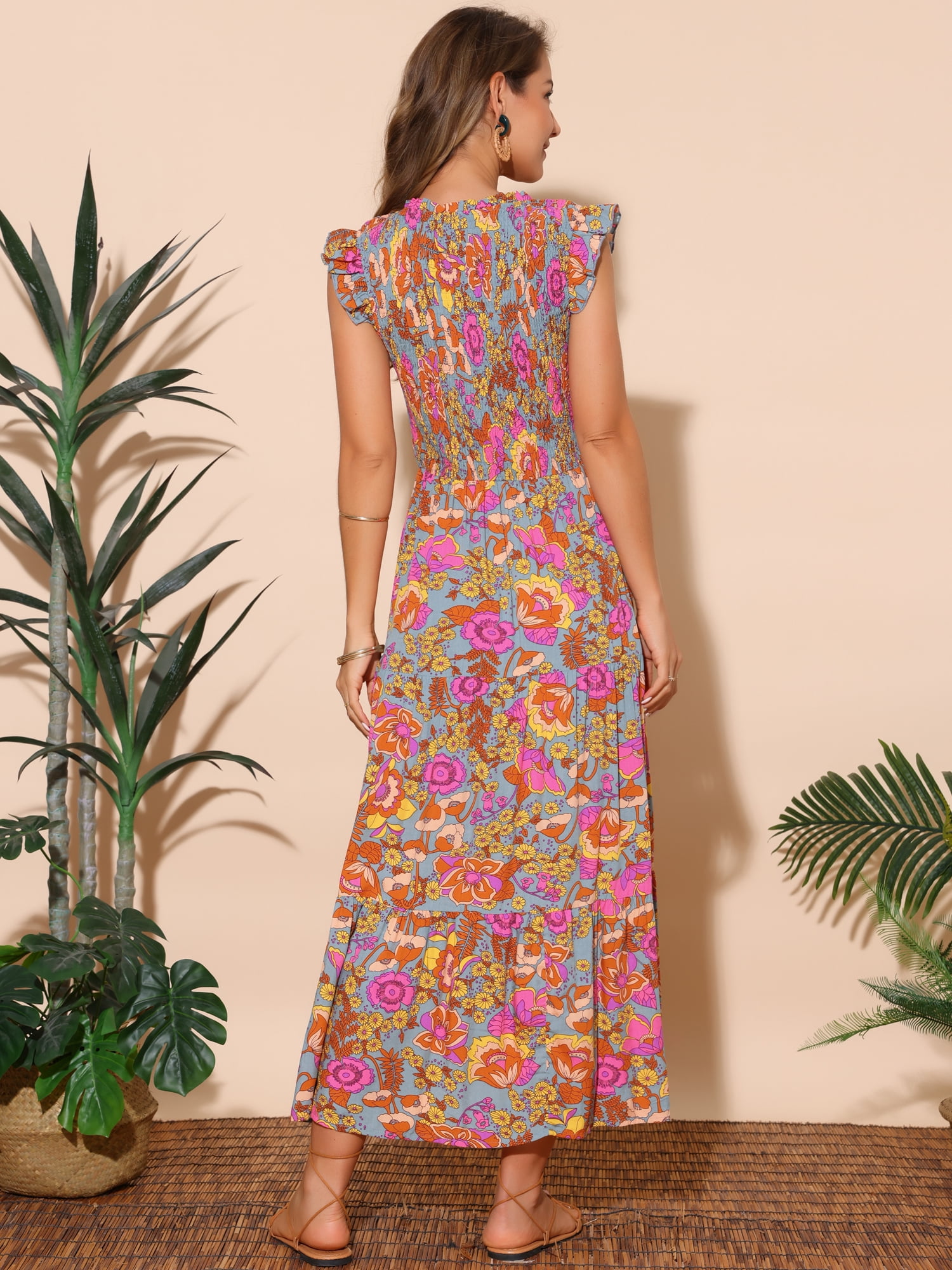 DARING DIVA V Neck Smocked Ruffle Tiered Maxi Dress M Grey Green