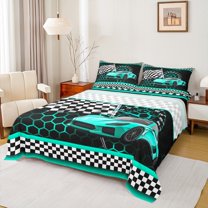 Manfei Cyan Racing Car Bed Sheets for Boys, Modern Checkered Flag King Sheets, Fashion Honeycomb Sheet Set, Microfiber Bedroom Decor, 4 Pieces