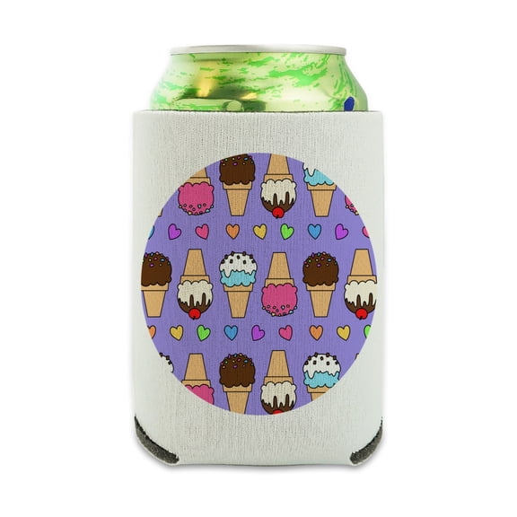 Ice Cream Pattern with Rainbow Hearts Can Cooler - Drink Sleeve Hugger Collapsible Insulator - Beverage Insulated Holder