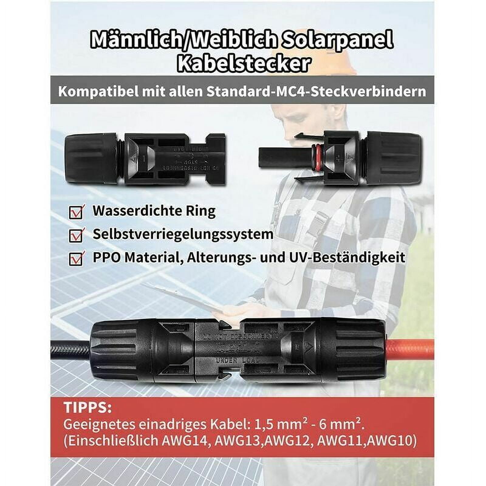 Male-to-Female Splitter for 1-2 Legs, PV Photovoltaic Compatibility Solar Panel Cable Connector