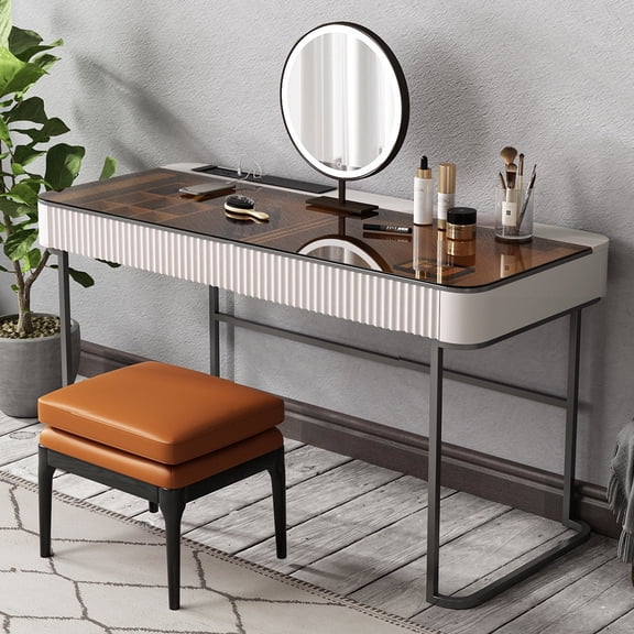 Lartis Makeup Vanity,Dresser Stool Set,Dresser,Computer Desk,partitioned Storage,Smart Socket,LED Makeup Mirror