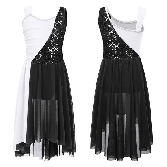 YUUMIN Girls Sequined Lyrical Dance Dress Sleeveless Ballet Leotard Tutu Dress Latin Jazz Ballroom Dancewear Black 10