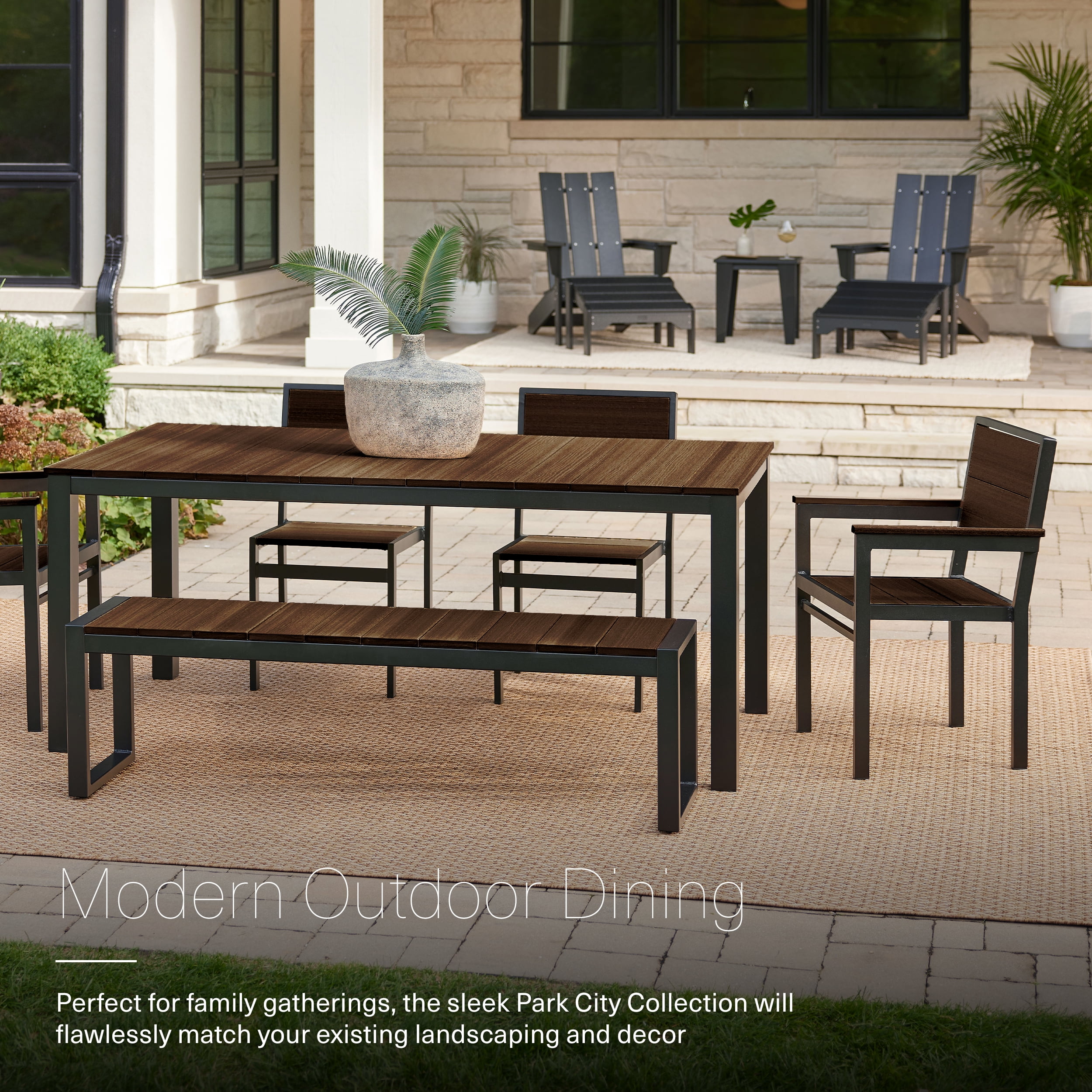DuroGreen Park City 72" Rectangular 6-Pc Outdoor Dining Set, 1 Table/1 Bench/4 Chairs Made with All-Weather Tangent Sustainable Lumber, High End Patio Furniture, Black with Brazilian Walnut