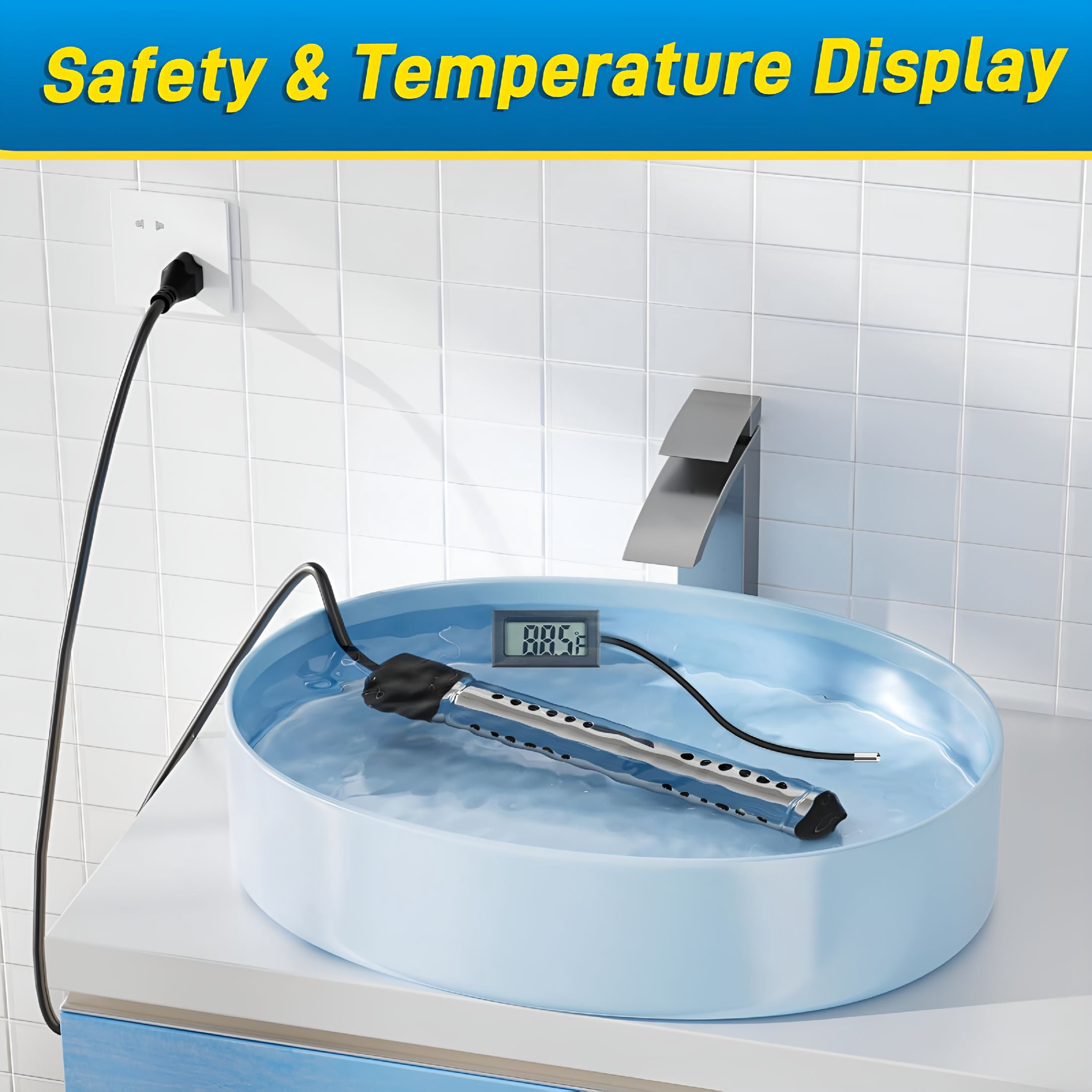 HIBIBUD 2000W Immersion Water Heater, Portable Electric Water Heater with Real-Time LCD Thermometer Control, 304 SS Guard, Heats up 5 Gallons Water in Minutes for Bucket, Basin, Bathtub