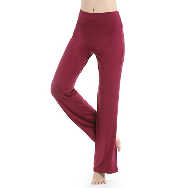 Avamo Women's High Waist Yoga Pants, Solid Color, Tummy Control, Straight Leg, Wine Red, Size S