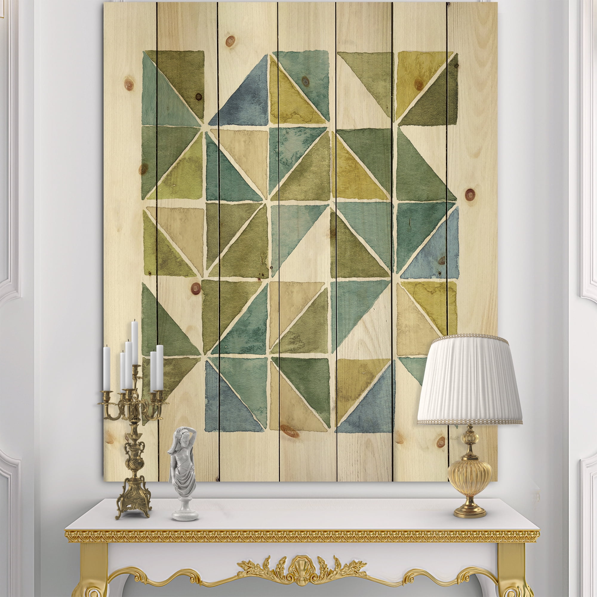 Designart 'geometric Green Triangle I' Modern & Transitional Print on Natural Pine Wood