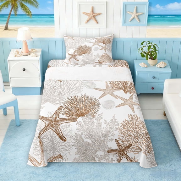 Manfei Simple Brown Starfish Coral Seashell Twin Sheet Sets for Kids Boys and Girls, Coastal Bedding 3-Piece, 1 Flat Sheet, 1 Fitted Sheet and 1 Pillowcase