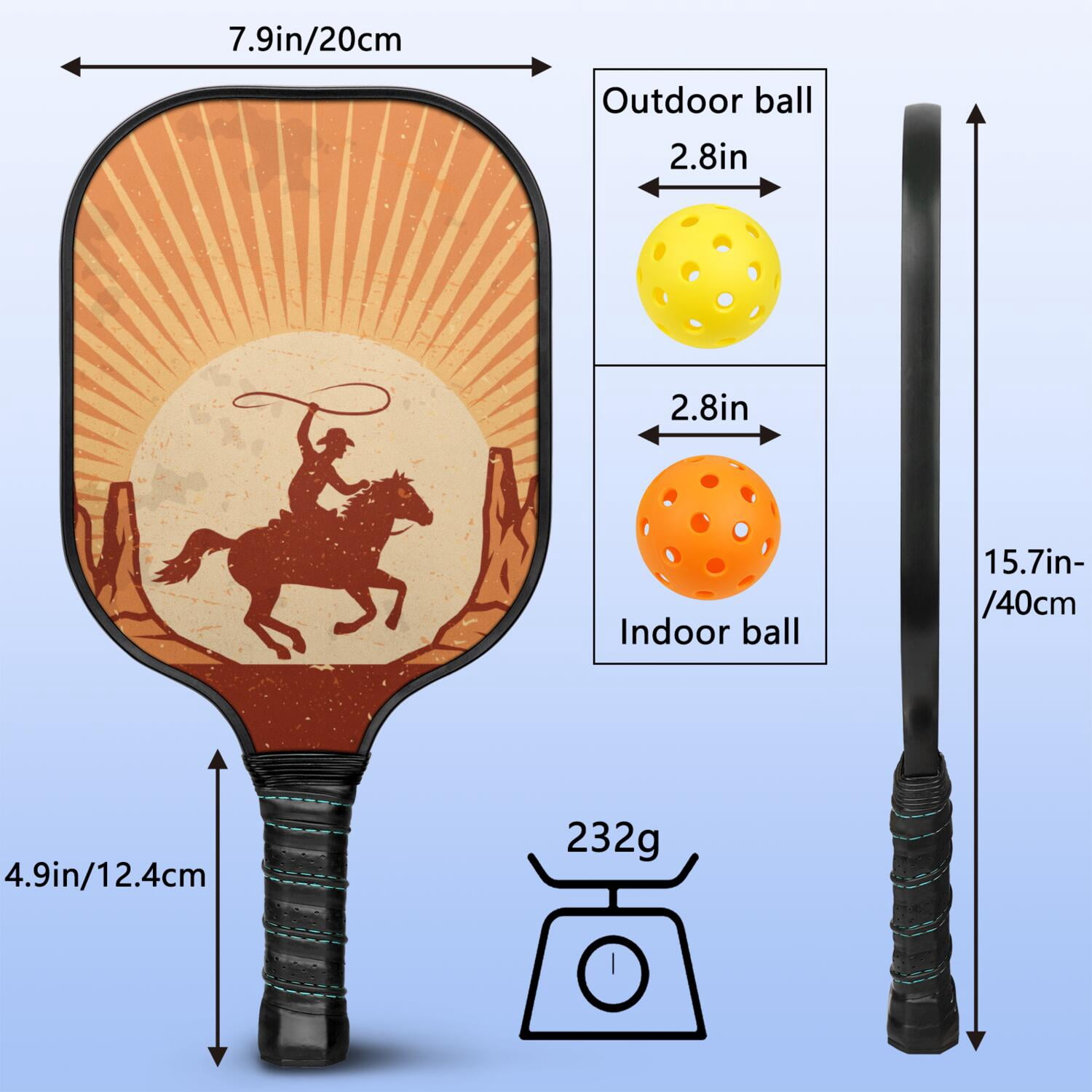 Pickleball Paddles Set Of 1, Fiberglass Surface, West & Cowboy Print, 1 Paddle, 2 Balls & Bag