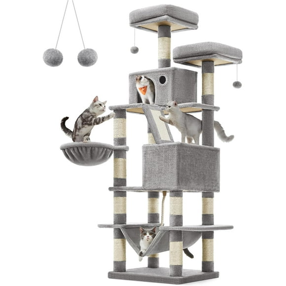 Feandrea Arbre à Chat, Grande Tour pour Chat de 66,1 Po avec 13 Poteaux à Griffer, 2 Perchoirs, 2 Niches, Panier, Hamac, Pompons, Gris Pâle