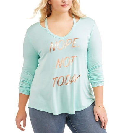 Junior Plus Graphic V-Neck Tee With Cutout Shoulder Detail