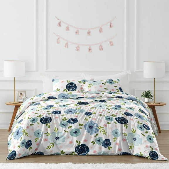 Sweet Jojo Designs Watercolor Floral Blue Pink White Full/Queen Bed Comforter 3 Piece Bedding Set - 3 Piece