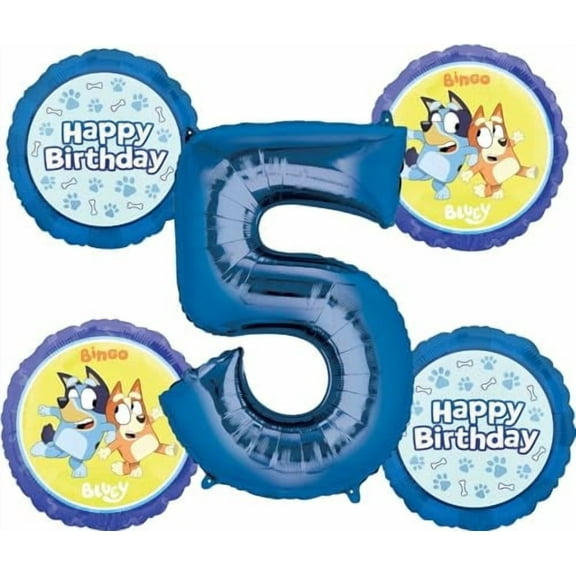 Anagram Bluey 5th Birthday Party Supplies 5pc Foil Balloon Bouquet