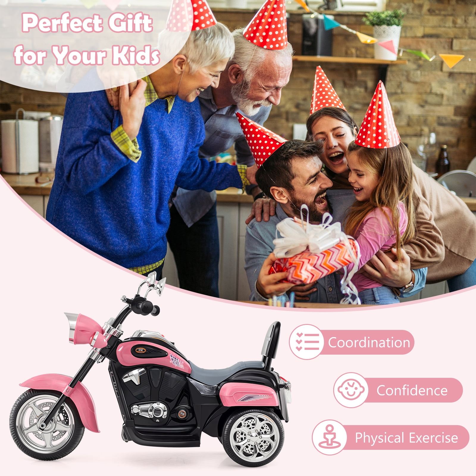 Costway 6V Kids Ride on Chopper Motorcycle 3 Wheel Trike with Headlight and Horn Racing Pink